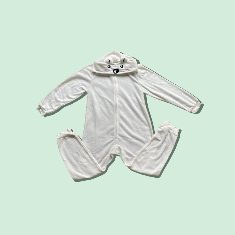 CUDDL DUDS Girl’s White Bear Hoodie One Piece Pajamas. Size: S (6/6X) - Picture 2 of 7